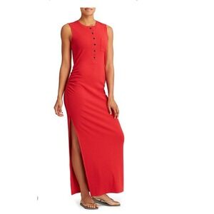 Athleta Red Sleeveless Ribbed Ruched Maxi Dress High Slit‎ Size SP